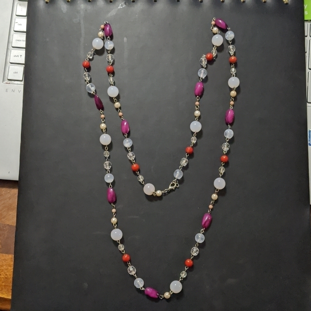 Silver Tone Light Pink, Purple, Red, White Beaded Long Statement Necklace